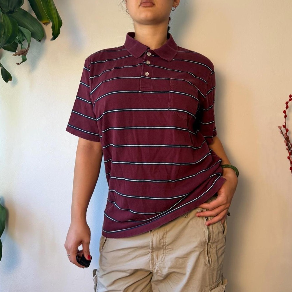 George Burgundy Blue Striped Oversized Baggy Polo Shirt Mens XL Skater Emo Y2K